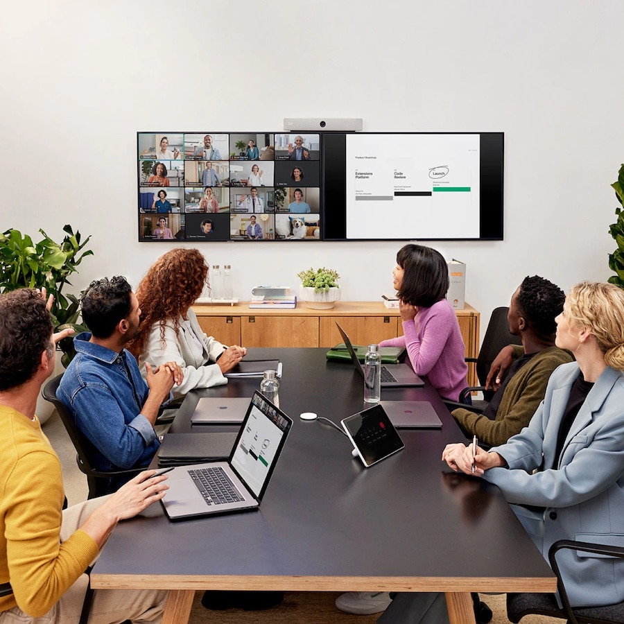 6 colleagues in a conference room video conference with several remote colleagues Webex.